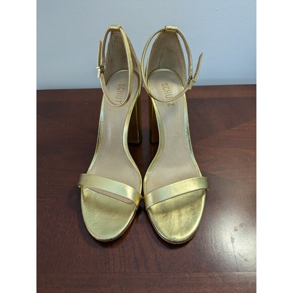 Schutz Women's Cadey Lee Block Gold Metallic Heel Sandals Goddess SZ 10.5 B - Picture 1 of 12